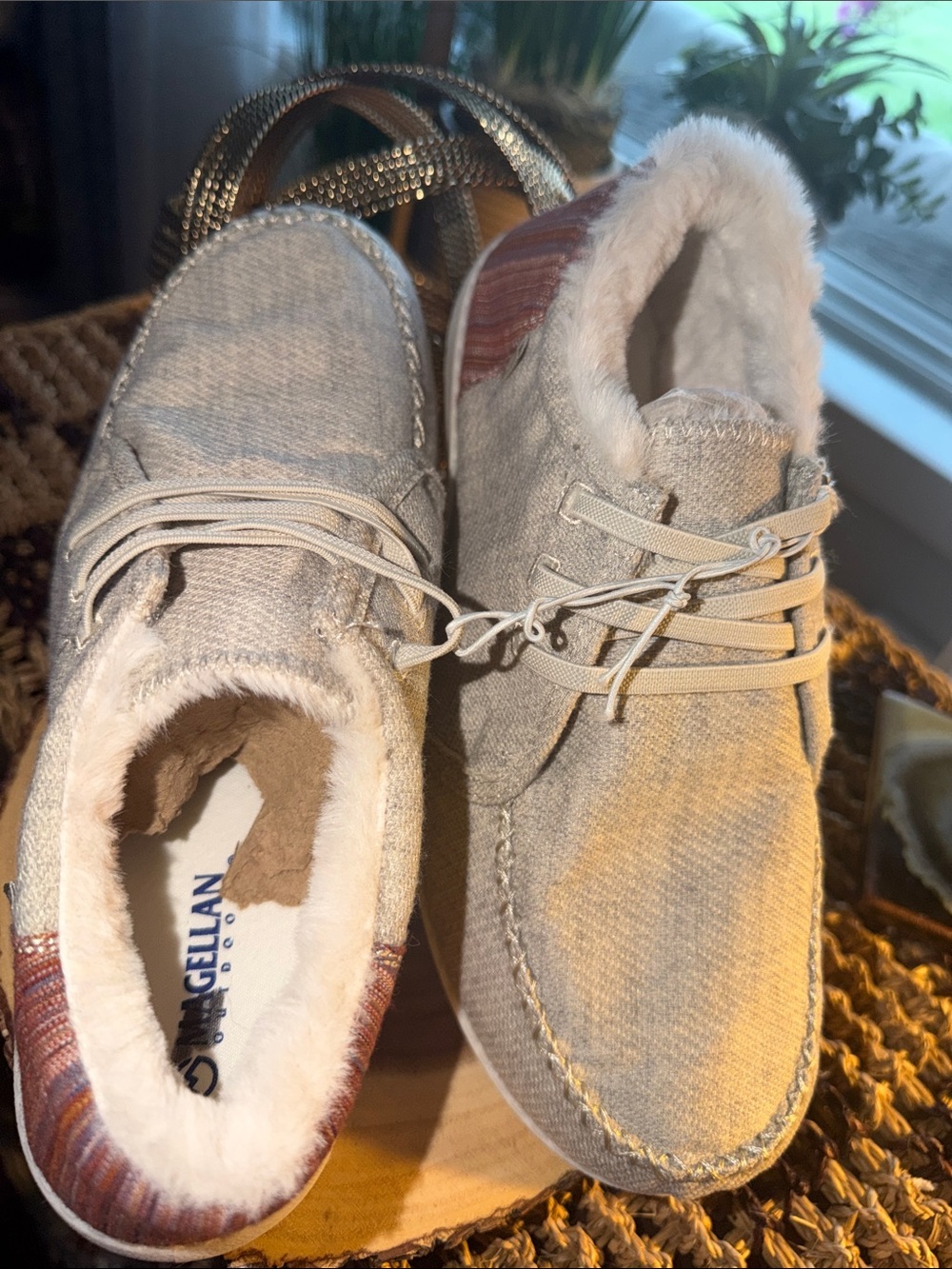 Magellan Outdoors Beige Plush-Lined Slip-On Loafers with Brown Heel Accent